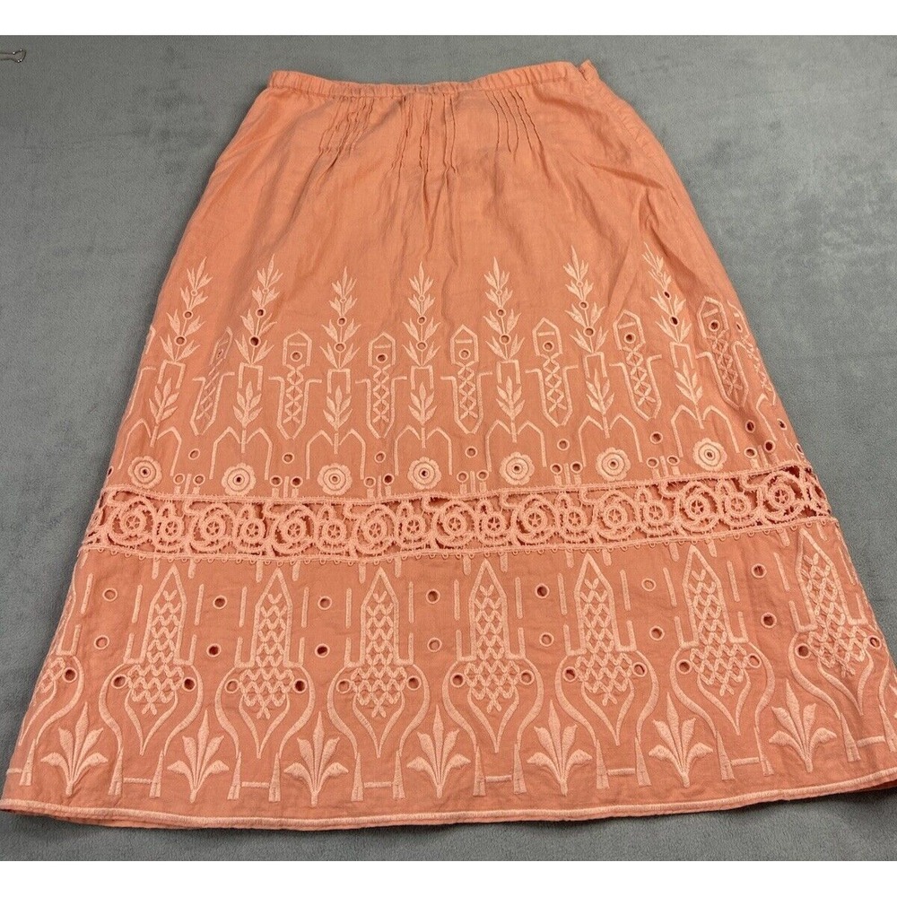 J Jill Skirt Medium‎ Linen Midi Embroidered Coastal Cottagecore Boho Salmon